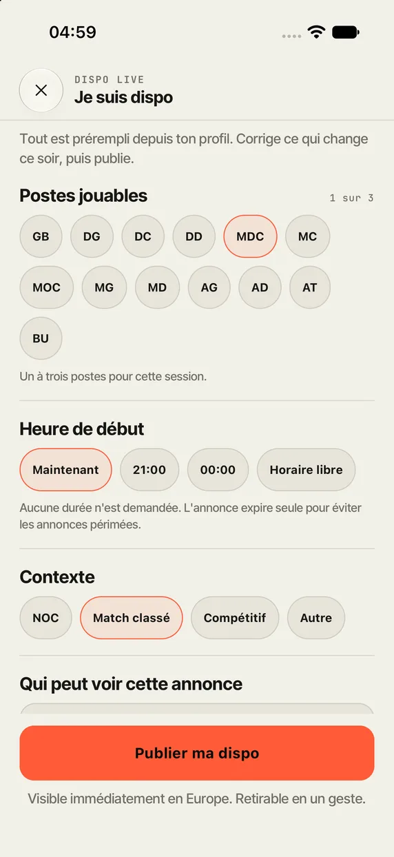 Écran de publication d’une dispo Live dans l’app SpotXI.