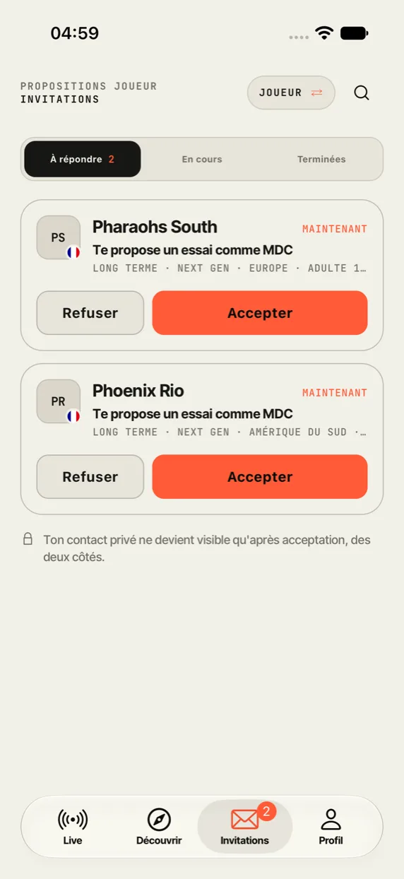 Écran Invitations : accepter ou refuser un essai, contact masqué avant acceptation.