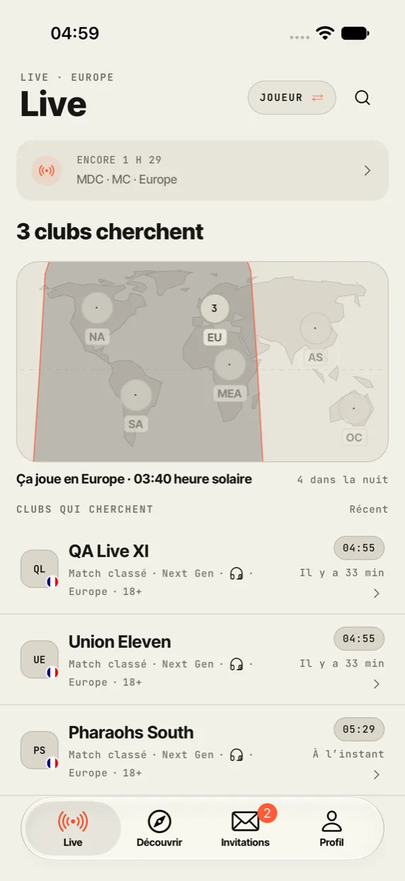Extrait de l’écran Live : carte des zones de jeu et clubs qui cherchent.